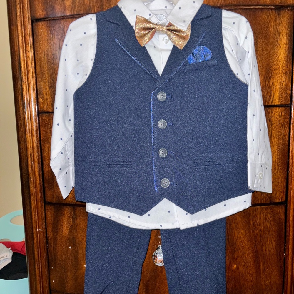 Navy Blue Vest and Pants Set with Gold Bow Tie Boys 2T